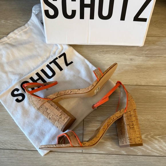 NEW SCHUTZ Cadey Lee Block Casual High Heel Orange Cork Shoes Sandal Strappy 7 - Picture 6 of 12